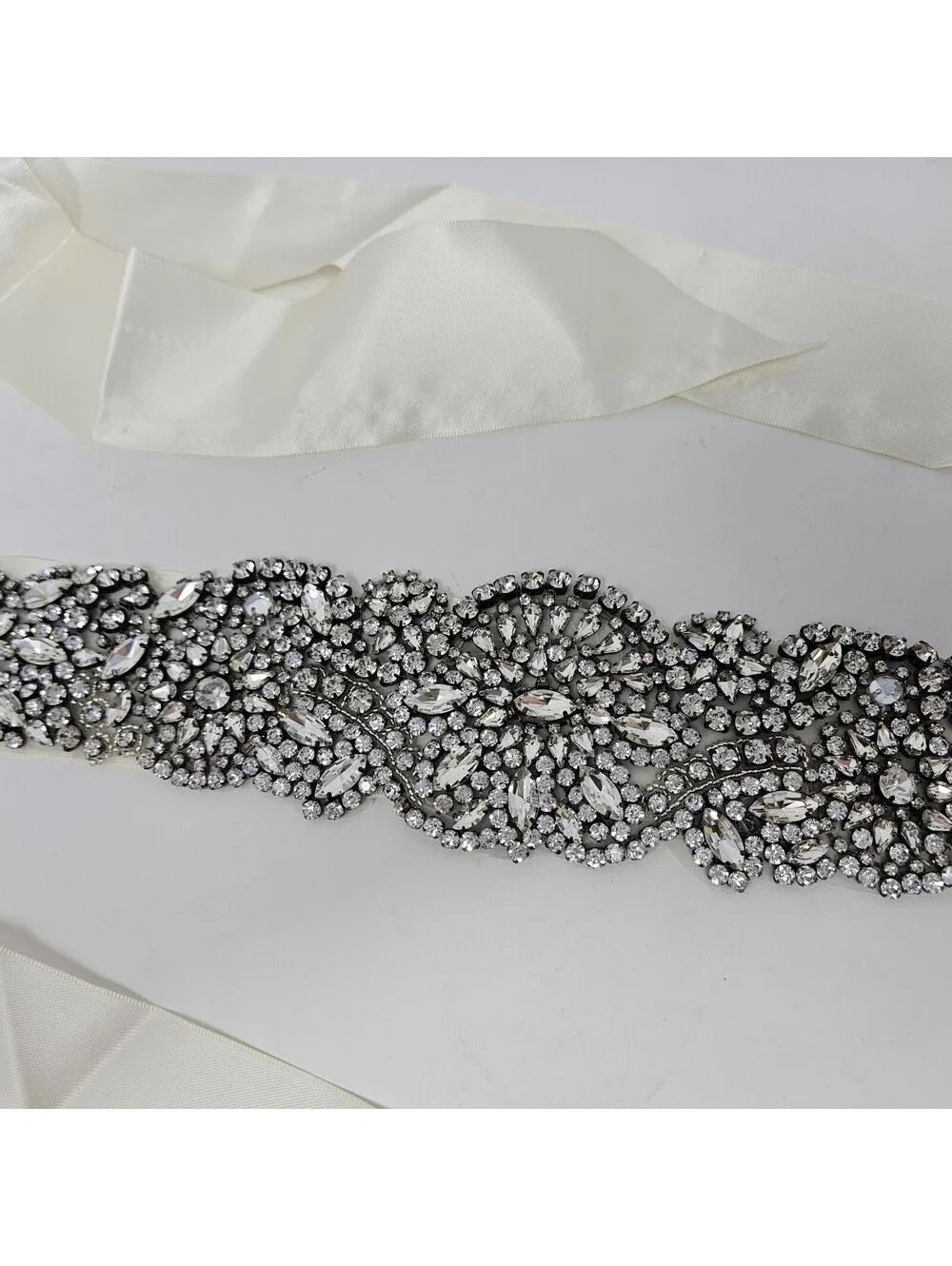 Woman’s Bridal Belt Silver Rhinestones Cream Satin Ribbon 102” L Vintage Wedding
